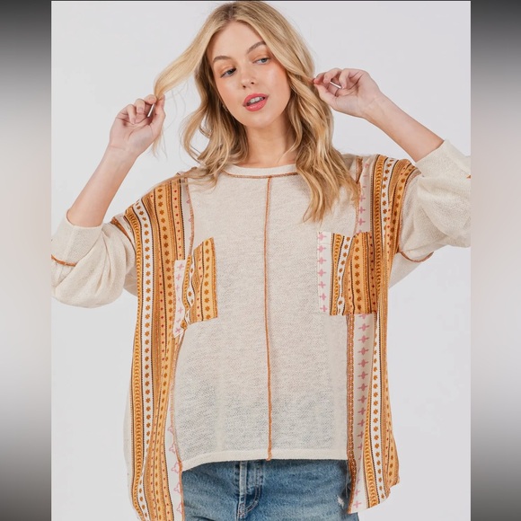 13 Boho Contrast Boho Round Neck Sweater - Picture 2 of 5